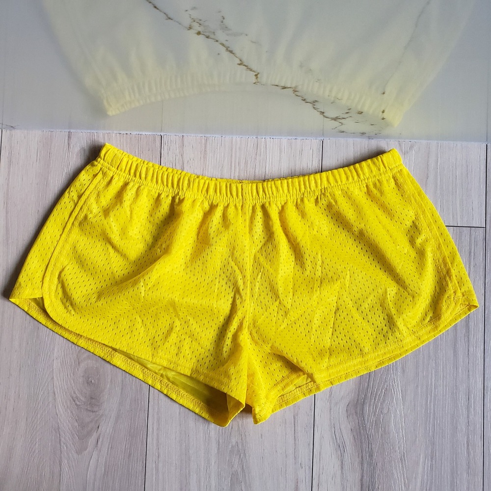 Soffe Mesh Shorts Womens L Yellow Low Rise Elastic Waist Cheer Running Gym Y2K